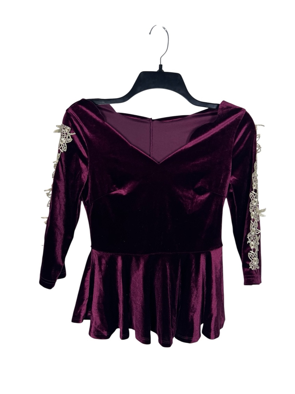 Velvet Peplum Top with Sweetheart Neckline Burgundy Size XS